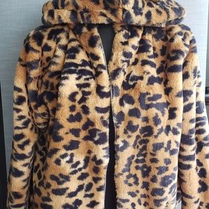 Leopard Women's Print Fuzzy Faux Fur Zip Up Jacket With Ears.